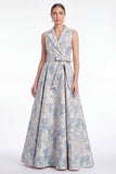 A-linje rosa blomnotch kragslag Jacquard Long Mother Of the Bride-klänning med bälte