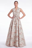A-linje rosa blomnotch kragslag Jacquard Long Mother Of the Bride-klänning med bälte