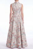 A-linje rosa blomnotch kragslag Jacquard Long Mother Of the Bride-klänning med bälte