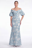 Axeloff-shoulder sjöjungfru rosa blomma Jacquard Long Mother Of the Bride-klänning