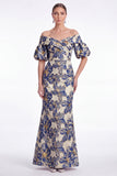 Axeloff-shoulder sjöjungfru rosa blomma Jacquard Long Mother Of the Bride-klänning
