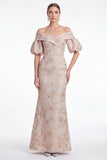 Axeloff-shoulder sjöjungfru rosa blomma Jacquard Long Mother Of the Bride-klänning