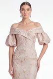Axeloff-shoulder sjöjungfru rosa blomma Jacquard Long Mother Of the Bride-klänning