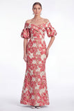 Axeloff-shoulder sjöjungfru rosa blomma Jacquard Long Mother Of the Bride-klänning
