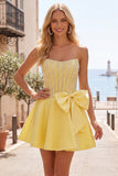 Gul Sweetheart A-Line Pearls korsett hemkomstklänning med rosett