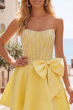 Gul Sweetheart A-Line Pearls korsett hemkomstklänning med rosett