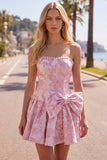 Axelbandslös lila A-linje Pearls Jacquard hemkomstklänning med rosett