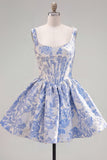 A-Line Blue Pearls Jacquard Korsett-hemkomstklänning med fyrkantig halsringning