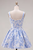 A-Line Blue Pearls Jacquard Korsett-hemkomstklänning med fyrkantig halsringning