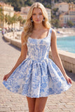 A-Line Blue Pearls Jacquard Korsett-hemkomstklänning med fyrkantig halsringning