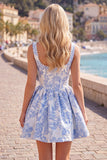 A-Line Blue Pearls Jacquard Korsett-hemkomstklänning med fyrkantig halsringning