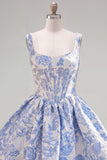 A-Line Blue Pearls Jacquard Korsett-hemkomstklänning med fyrkantig halsringning