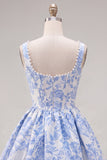 A-Line Blue Pearls Jacquard Korsett-hemkomstklänning med fyrkantig halsringning