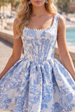 A-Line Blue Pearls Jacquard Korsett-hemkomstklänning med fyrkantig halsringning