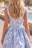 A-Line Blue Pearls Jacquard Korsett-hemkomstklänning med fyrkantig halsringning