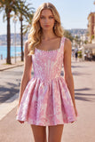 A-Line Blue Pearls Jacquard Korsett-hemkomstklänning med fyrkantig halsringning