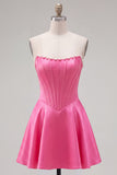 Sweetheart Fuchsia Pearls korsett A-linje satin hemkomstklänning