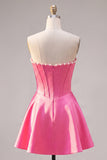 Sweetheart Fuchsia Pearls korsett A-linje satin hemkomstklänning