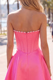 Sweetheart Fuchsia Pearls korsett A-linje satin hemkomstklänning