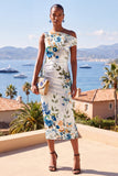 Vitblå blomma Enaxlad Bodycon Rynkad midiklänning