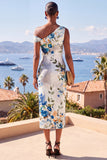 Vitblå blomma Enaxlad Bodycon Rynkad midiklänning