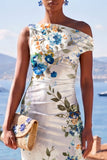 Vitblå blomma Enaxlad Bodycon Rynkad midiklänning