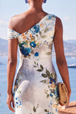 Vitblå blomma Enaxlad Bodycon Rynkad midiklänning