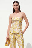 Gula axelbandslösa Jacquard Slim Fit Damkostymer i 2-delad blommig Jacquard