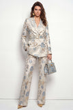 Gråblå blomma tvådelad topp slagssatin dubbelknäppta damdräkter med bälte