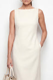 Elfenbensfärgad Bateau-hals Bodycon Midi arbetsklänning med slits