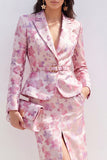 Rosa fuchsia flower satin tvådelad topp-lapel midiklänning med slits