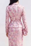 Rosa fuchsia flower satin tvådelad topp-lapel midiklänning med slits