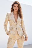 Golden 2-delade Jacquard Peak Lapel Enknapps Slim Fit Damkostymer