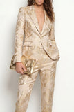 Golden 2-delade Jacquard Peak Lapel Enknapps Slim Fit Damkostymer