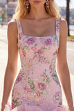 Rosa fyrkantig halsringad bodycon blommiga paljetter hemkomstklänning med volanger