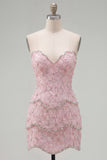 Sweetheart Pink Bodycon Homecoming-klänning med pärlbroderi