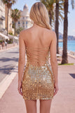 Glittrande guldaxelbandslös paljett-bodycon hemkomstklänning