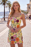 Gul fyrkantig halsringad Bodycon blommig hemkomstklänning med broderi