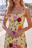 Gul fyrkantig halsringad Bodycon blommig hemkomstklänning med broderi