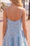 A-Line blå spaghettibands-3D-blommig hemkomstklänning med pärlbroderi