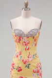 Sweetheart Yellow Corset Blommig Tight Homecoming-klänning