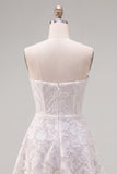 Axelbandslös vit A-linje blommig pärlspets kort hemkomstklänning med rosett