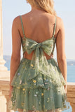 A-Line Dusty Sage Tyll Floral Corset Homecoming-klänning med rosett