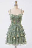 A-Line Dusty Sage Tyll Floral Corset Homecoming-klänning med rosett