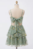 A-Line Dusty Sage Tyll Floral Corset Homecoming-klänning med rosett