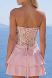 A-linje rosa blommiga spaghettibandsklänning med hemkomstklänning med volanger