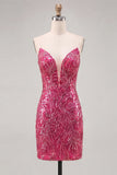 Glittrande fuchsia sweetheart Bodycon Paljetter cocktailklänningar med snöre på ryggen