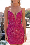 Glittrande fuchsia sweetheart Bodycon Paljetter cocktailklänningar med snöre på ryggen