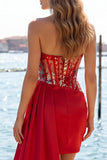 Sweetheart Red Bodycon genomskinlig korsett med rynkade paljetter hemkomstklänning med skärp