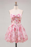 A-linje rosa sweetheart blommig chiffon homecoming-klänning med snöre baktill